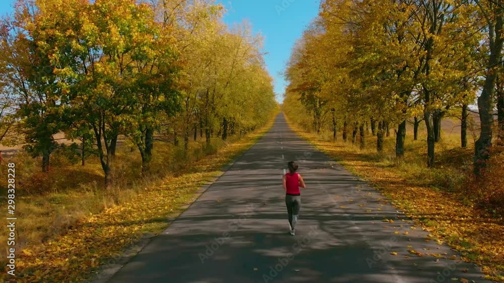 girl makes a run on the road. training. jogging. aerial back view girl makes a run on the road. training. jogging. aerial back view