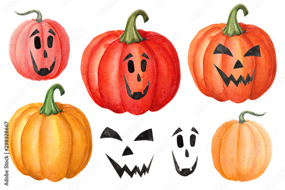 halloween, pumpkin on an isolated white background, watercolor illustration, clipart