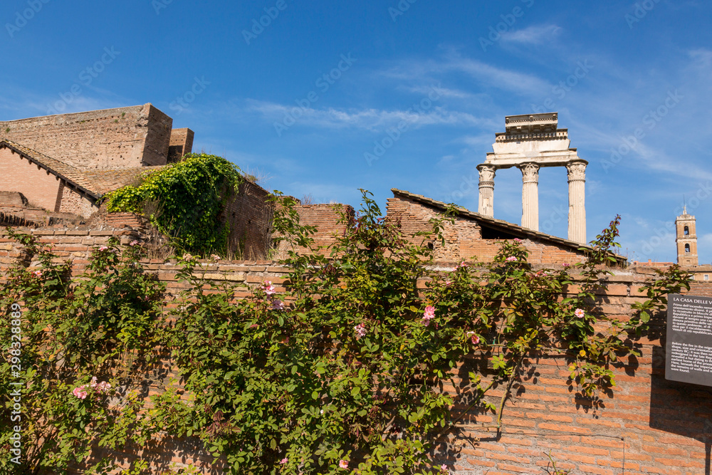 Three columns of the Temple of Dioscuri - one of the oldest temples in the Roman Forum