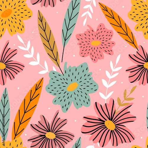 Hand drawn decorative floral seamless pattern for print, textile, wallpaper. Modern kids girly background with abstract flowers.