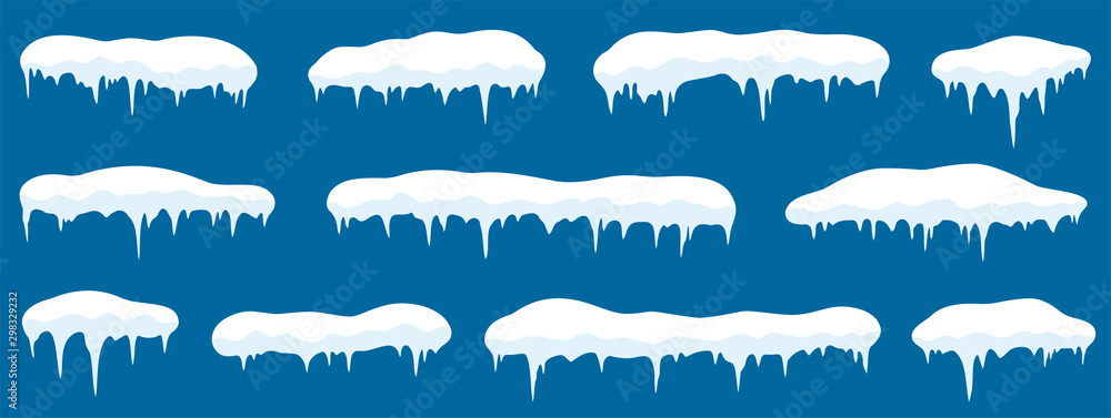 Snow with icicle frames. Snow and snowdrift in flat style. Vector - obrazy, fototapety, plakaty 