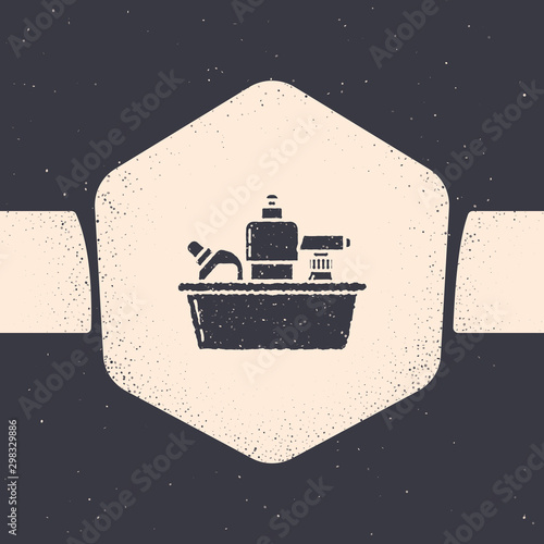 Grunge Plastic bottles for liquid laundry detergent, bleach, dishwashing liquid or another cleaning agent icon isolated on grey background. Monochrome vintage drawing. Vector Illustration