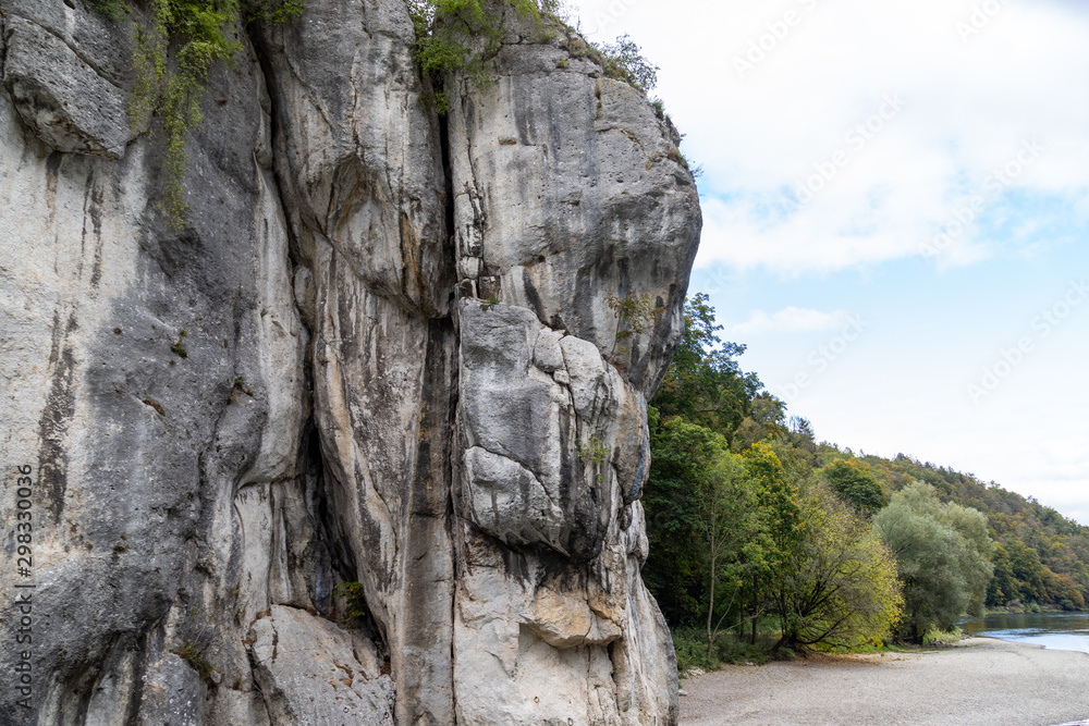 Close-up of limestone rock formation at Danube breakthrough near Kelheim, Bavaria, Germany in autumn