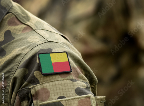 Flag of Benin on military uniform. Army, troops, soldiers, Africa, (collage).