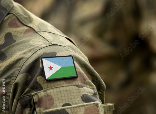 Flag of Djibouti on military uniform. Army, troops, soldiers, Africa, (collage).