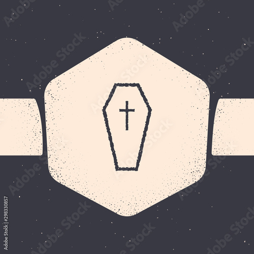 Grunge Coffin with christian cross icon isolated on grey background. Happy Halloween party. Monochrome vintage drawing. Vector Illustration