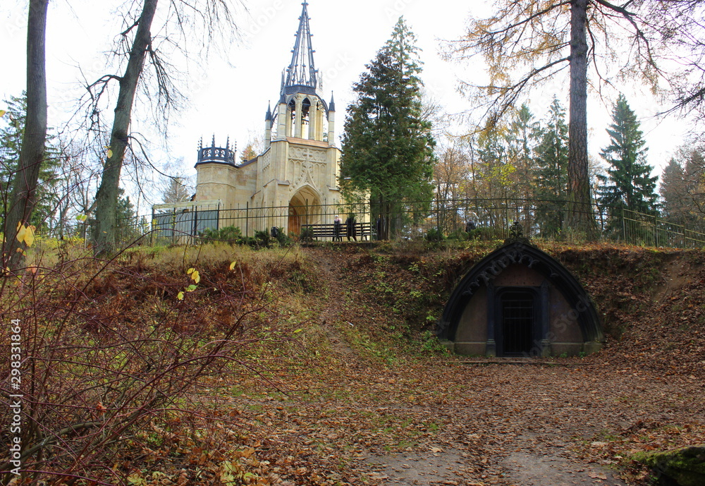 gothic cathedral in the autumn forest