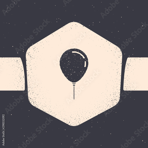 Grunge Balloon with ribbon icon isolated on grey background. Monochrome vintage drawing. Vector Illustration