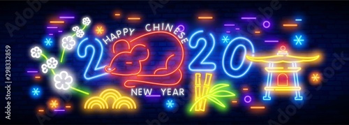 Chinese New Year neon sign, bright signboard, light banner. Chinese logo neon, emblem. 2020 Chinese. Vector illustration