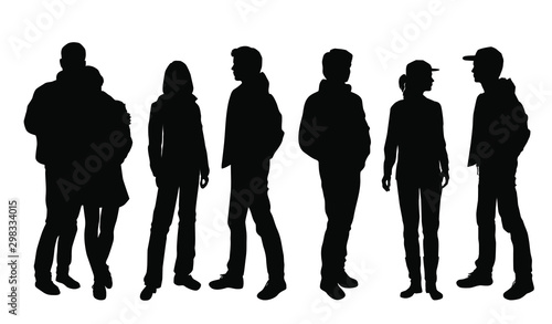 Vector silhouettes of  men and a women, a group of standing business people,couple and profile,  black color isolated on white background