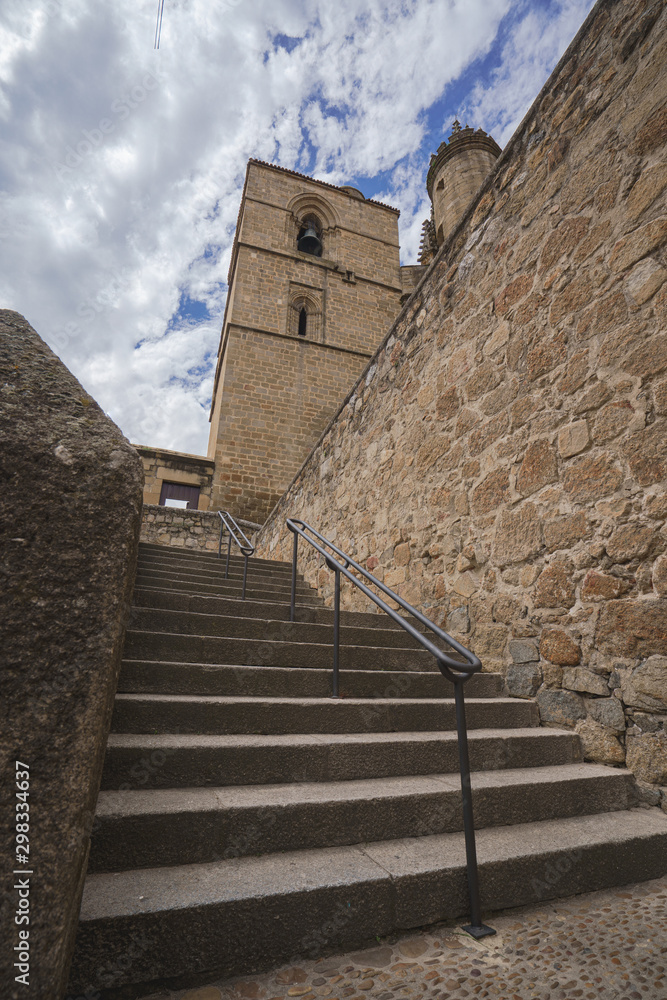 Stairs to the New Cathedral of Plasencia or Catedral de Asuncion de Nuestra Senora. Is a Roman Catholic cathedral located in the town of Plasencia, Region of Extremadura, Spain. Leading lines and