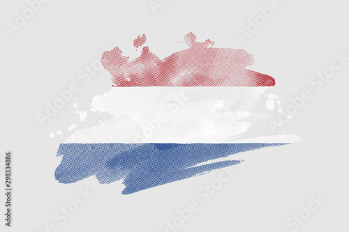 National flag of the Netherlands. Stylized Dutch flag with watercolor halftone effect on plain background