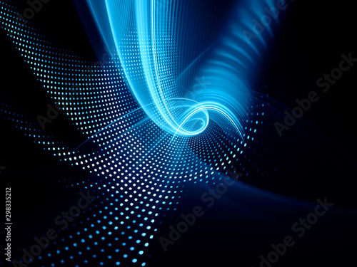 Abstract blue and black background. Fractal graphics series. Composition of glowing lines and mosaic halftone effects. 3d illustration.