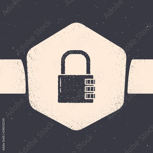 Grunge Safe combination lock icon isolated on grey background. Combination padlock. Security, safety, protection, password, privacy. Monochrome vintage drawing. Vector Illustration