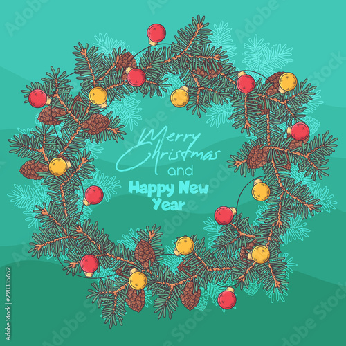 Hand drawn Christmas wreath of fir branches Vector.