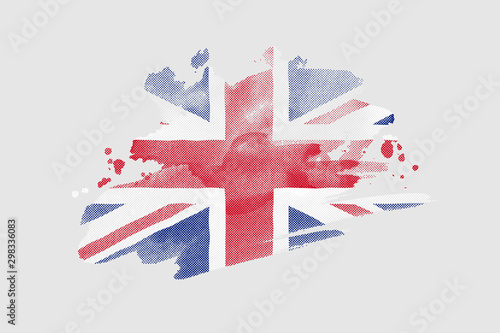 National flag of the United Kingdom. Stylized UK flag with watercolor halftone effect on plain background