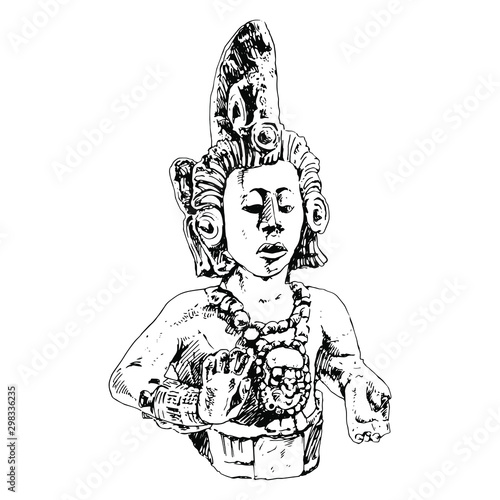 Isolated vector illustration. Ancient Mayan sculpture. Young god of maize. Hand drawn ink sketch. Black silhouette on white background.
