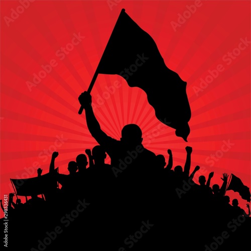 Fényképezés silhouette of protesters with flags on red background