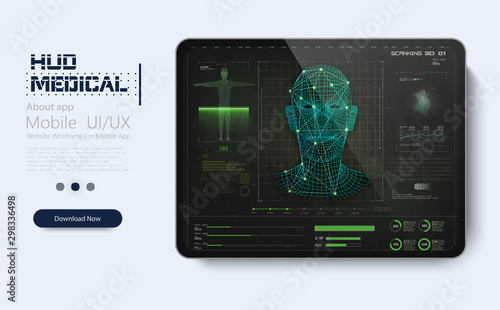 Modern medical examination in HUD style design. Ultrasound and cardiogram. Futuristic Medical Interface, virtual graphic touch UI/UX. Medical screening with medical application on tablet. HUD / GUI