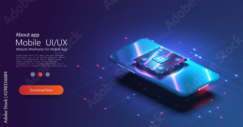 Futuristic microchip processor with backlight on the phone in blue. Quantum phone, big data processing, database concept. Processor the ISO banner.Digital chip.Modern cpu,great design for any purposes