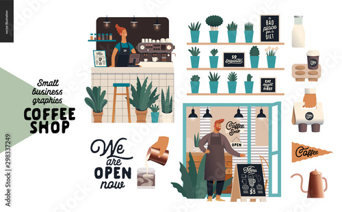 Coffee shop - small business illustrations - set - modern flat vector concept illustration of a coffee shop owner wearing apron, shop facade, barista woman, bar counter, coffee maker, plants, elements