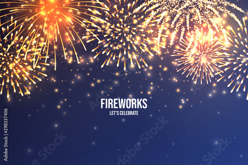 Festive fireworks. Realistic colorful firework on blue abstract background. Multicolored explosion. Christmas or New Year greeting card. Diwali festival of lights. Vector illustration.
