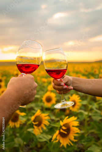 Wine glasses at sunset on sunflowers field