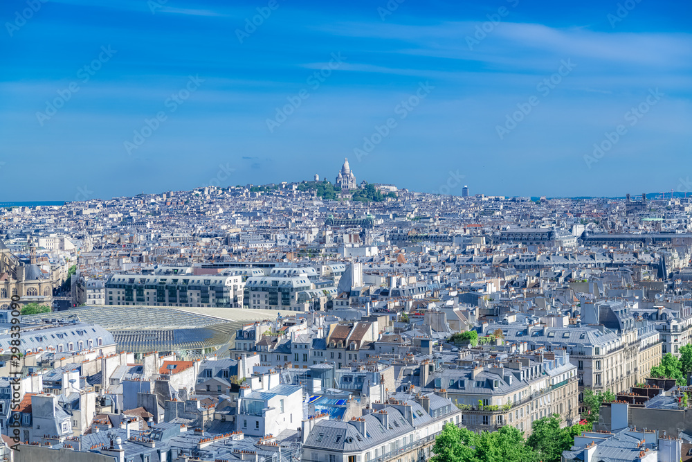 Paris, panorama of the city, typical roofs and buildings, with Montmartre and the Sacre-Choeur basilica in background Paris, panorama of the city, typical roofs and buildings, with Montmartre and the Sacre-Choeur basilica in background