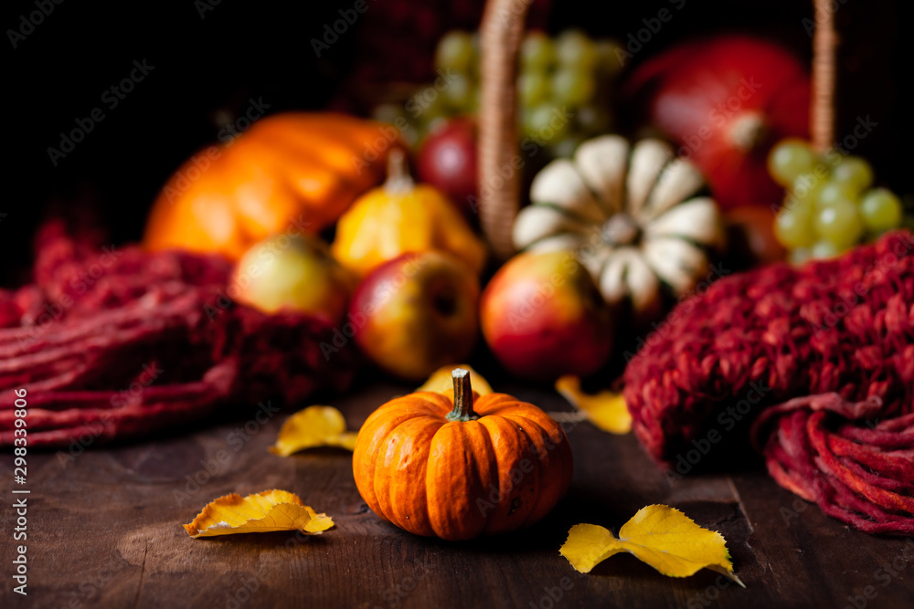 Autumn, harvest time. Composition with ripe organic pumpkins, apples, red scarf and yellow leaves. Basket on background. Low key, dark and moody, bright warm fall colors