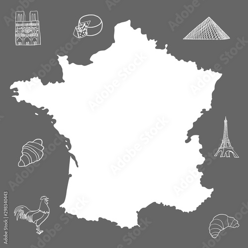 White contour map of France on dark background. High detailed vector map with French simbols , Vector illustration eps 8