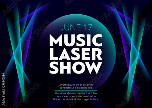 Horizontal music laser show poster with bright color graphic elements, dark background and text. 