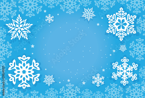 Blue Christmas frosty background. Vector illustration. Snowflakes design for winter with place text space. Abstract Paper Craft Snowflakes. Greeting card for winter. Paper art design.  Vector.