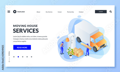 Move home, relocation concept. Workers of moving service load refrigerator, furniture into truck. Vector illustration
