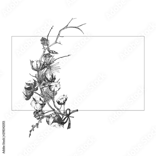Hand drawn botanical sketch garland with christmas plants Vintage engraving black and white style illustration Traditional holiday decoration.