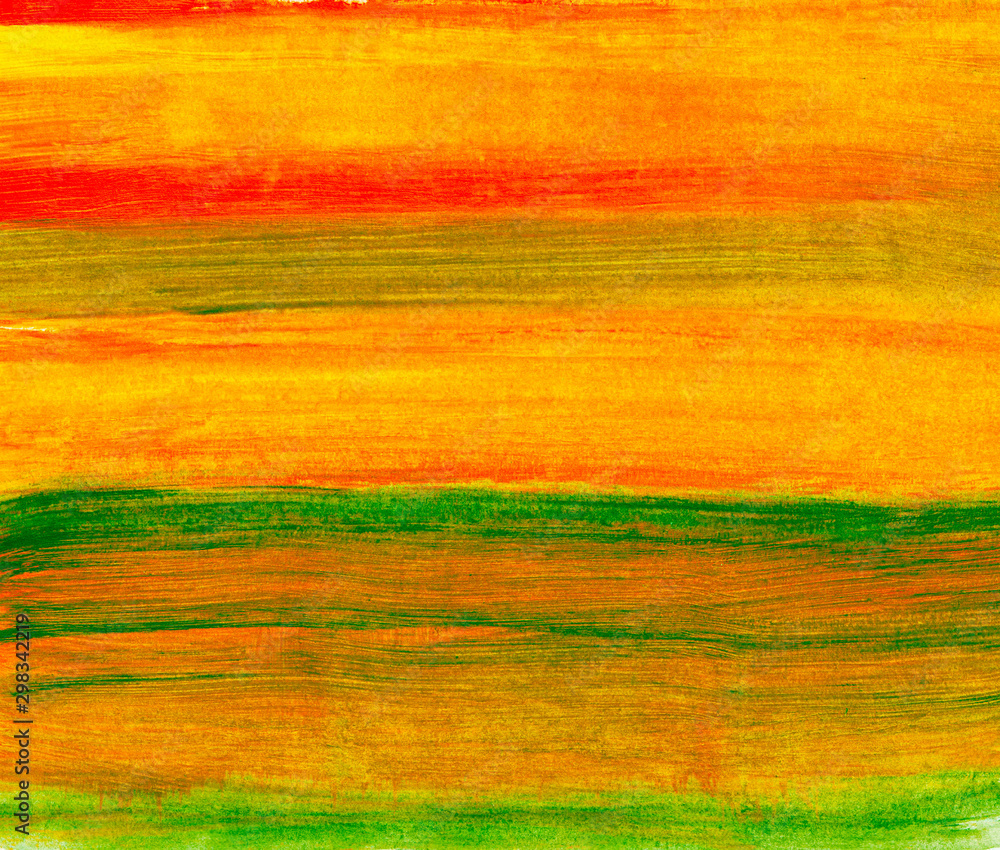 Abstract background, stripes of gold, orange, green and brown acrylic paints.  Watercolor  hand drawn illustrations.