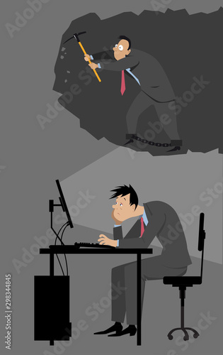 Depressed businessman sitting at his desk imagining himself working in coal mines, EPS 8 vector illustration