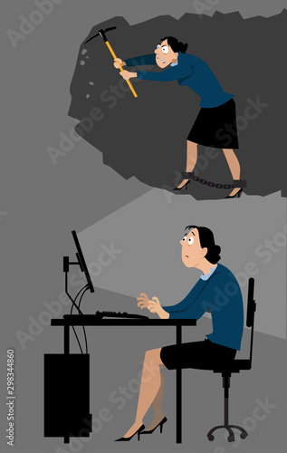Depressed business woman sitting at her desk imagining herself working in coal mines, EPS 8 vector illustration