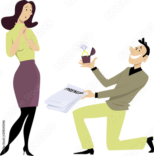 Man kneeling in front of a woman, holding out an engagement ring and prenuptial agreement,  EPS 8 vector illustration