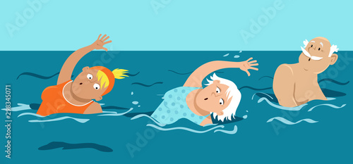 Group of active seniors swimming in a pool, EPS 8 vector illustration