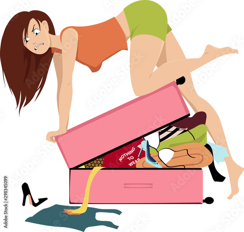 Young woman packing for travel, attempting to forcefully close an overfilled suitcase, EPS 8 vector illustration