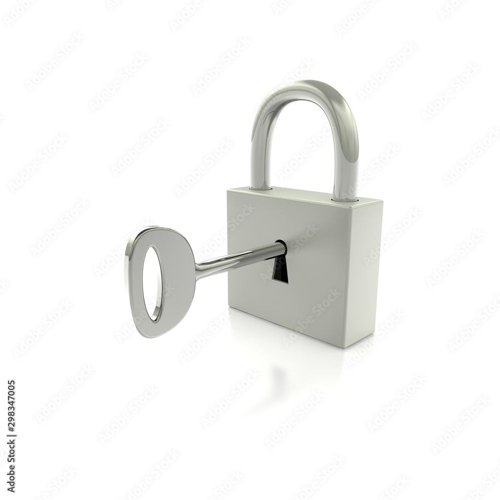 Steel lock with key on reflective floor. Isolated on white background Steel lock with key on reflective floor. Isolated on white background