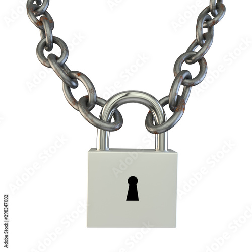 The lock connected two metal chains. White isolated background