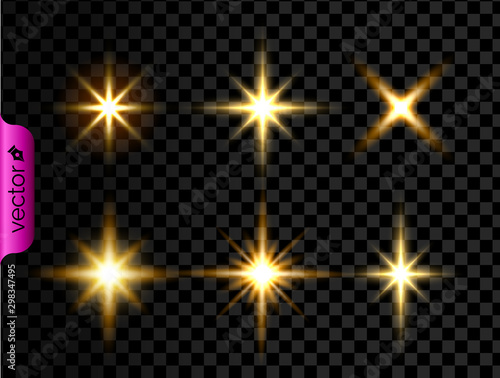 Gold shining glowing lights effect, yellow starts and explosion isolated on transparent background, decorative elements, vector illustration.