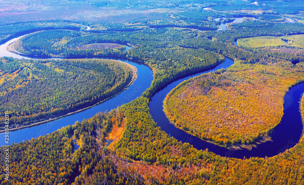 Aerial photography of landscape in Western Siberia. Agan River, tributary of Ob River.