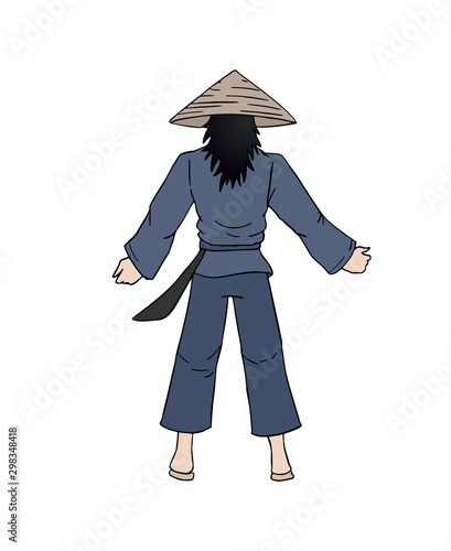 oriental man with kasa hat draw
