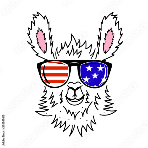 Alpaca with glasses. Flag USA