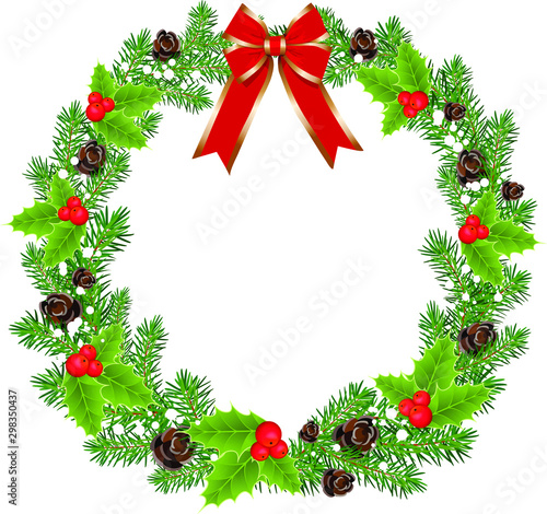 Traditional green Christmas wreath of holly and spruce tree red berries isolated on white background. Merry Christmas and New Year wreath. Vector illustration. New Year holiday celebration in December