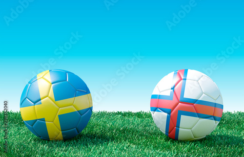 Two soccer balls in flags colors on green grass. Sweden and Faroe Islands. EURO 2020. Group F. 3d image