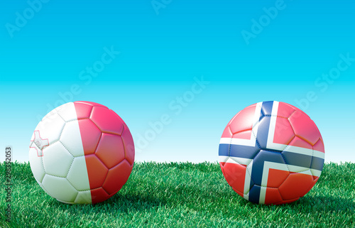 Two soccer balls in flags colors on green grass. Malta and Norway. EURO 2020. Group F. 3d image