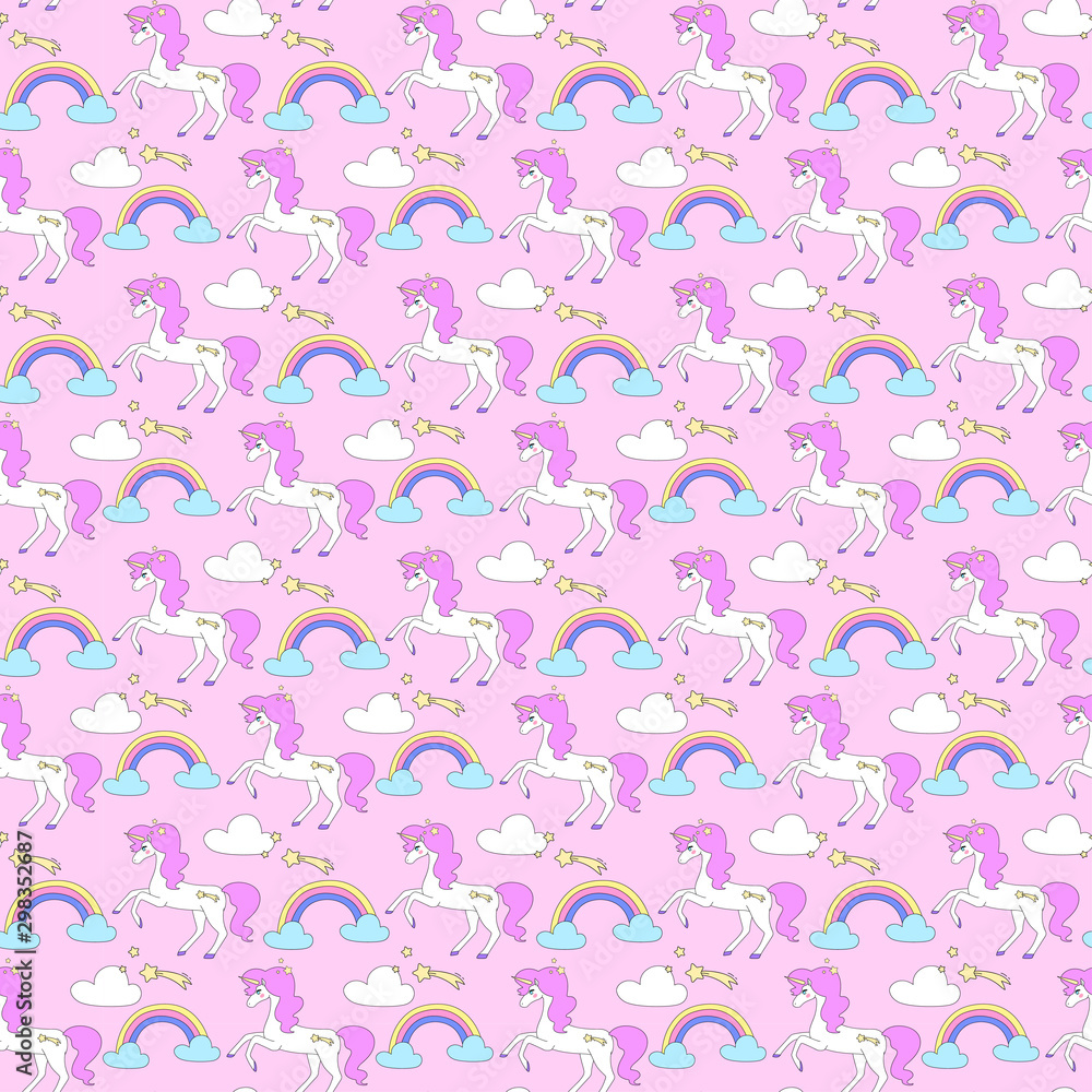 Beautiful unicorns and a rainbow. Seamless vector pattern. Pink background Beautiful unicorns and a rainbow. Seamless vector pattern. Pink background